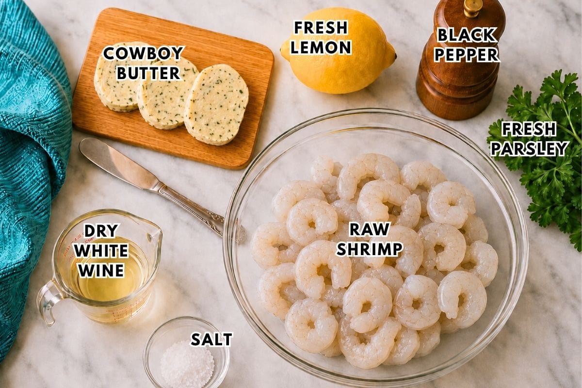 A bowl of raw shrimp with labeled ingredients around it: cowboy butter, fresh lemon, black pepper, fresh parsley, dry white wine, and salt, arranged on a countertop with a teal cloth and butter knife.
