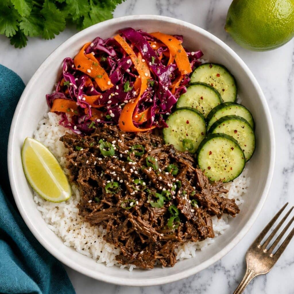 A bowl with white rice, shredded beef, sliced cucumber, carrot and red cabbage slaw, garnished with sesame seeds and cilantro, plus a lime wedge on the side. A fork, lime, cilantro, and blue napkin are nearby.