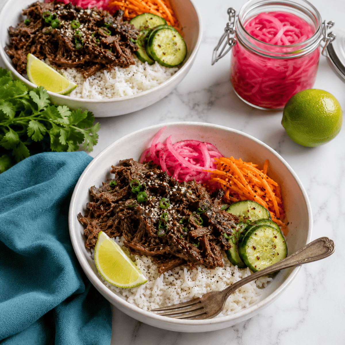 Korean Beef Rice Bowls: Two bowls of shredded beef over white rice with sliced cucumbers, pickled red onions, shredded carrots, and lime wedges. A jar of pickled onions, a lime, cilantro, and a blue napkin sit nearby on a marble surface.