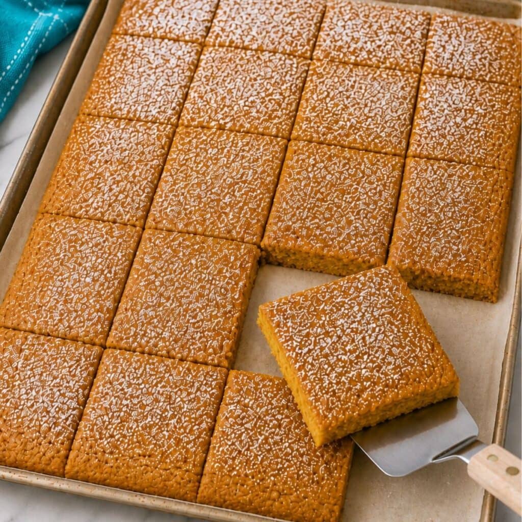 A baking tray of golden-brown, square, powdered sugar-dusted cake pieces. One square is being lifted out with a spatula.