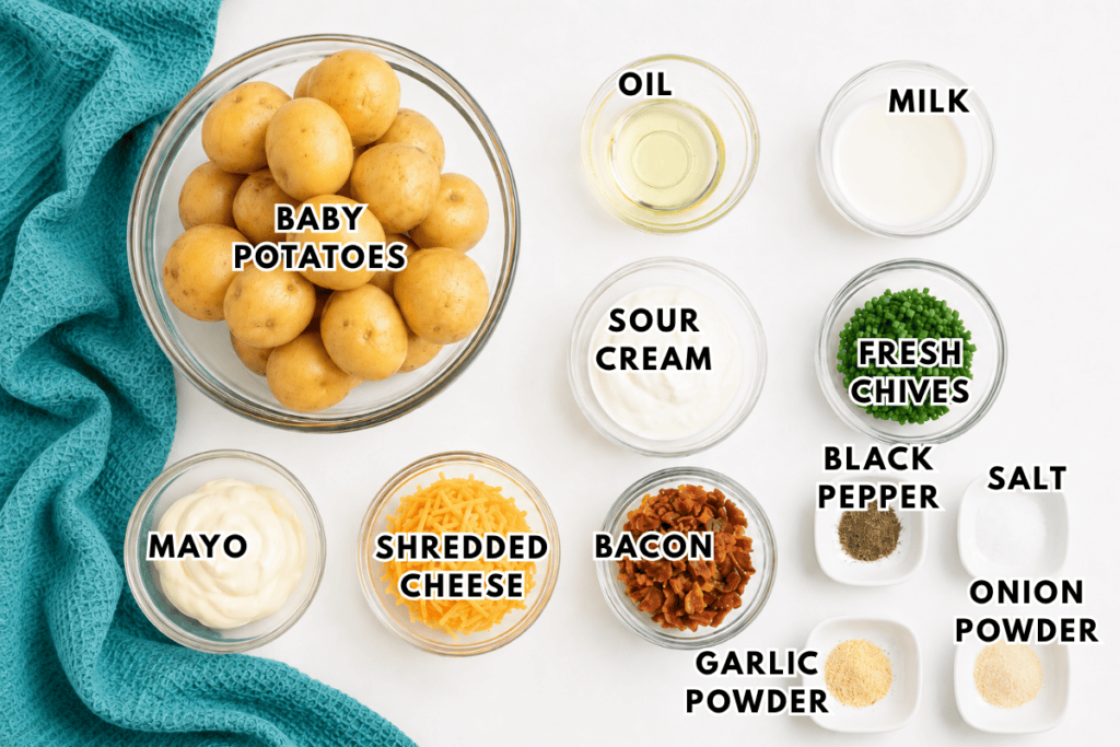 A flat lay of ingredients for loaded potato salad: baby potatoes, mayo, shredded cheese, sour cream, bacon, oil, milk, fresh chives, black pepper, salt, onion powder, and garlic powder on a white surface with a teal cloth.