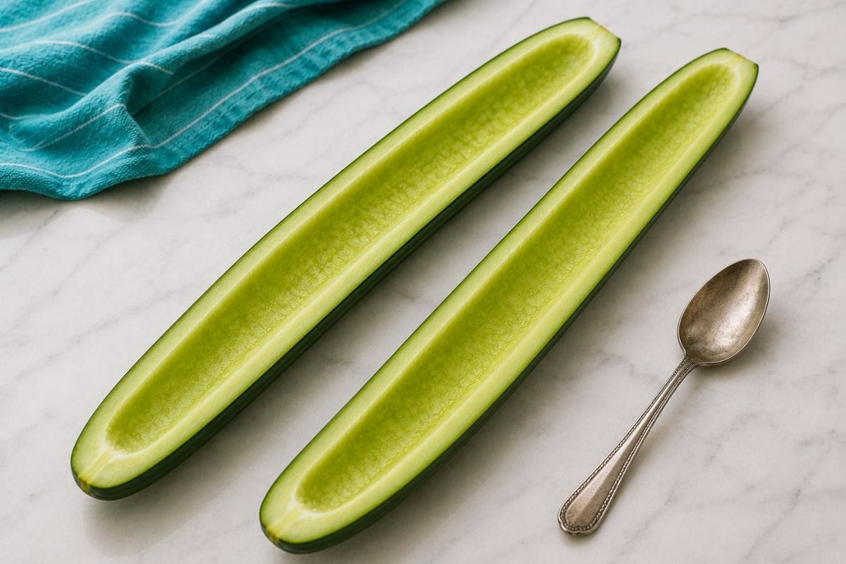 Two cucumber halves with seeds scooped out, ready to be transformed into delicious Tuna Boats, lying on a marble surface next to a spoon and a blue cloth.