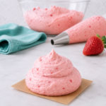 A swirl of pink Fresh Strawberry Frosting on parchment paper, with a piping bag, a fresh strawberry, a teal cloth, and a bowl of more frosting in the background on a marble surface.