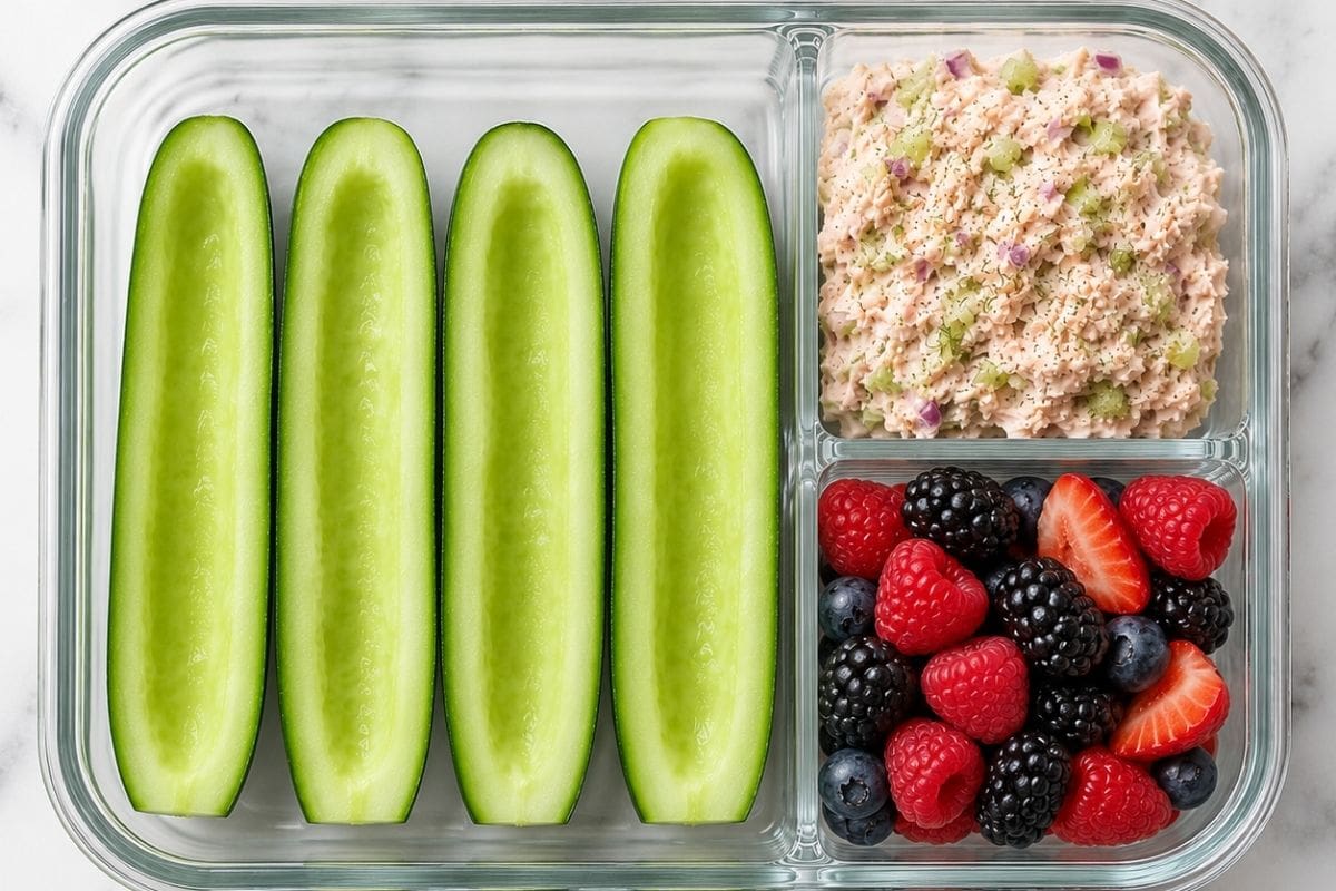 A glass lunch container holds four cucumber halves prepared as Tuna Boats, a serving of tuna salad with visible veggies, and a mix of fresh blackberries, raspberries, and sliced strawberries.