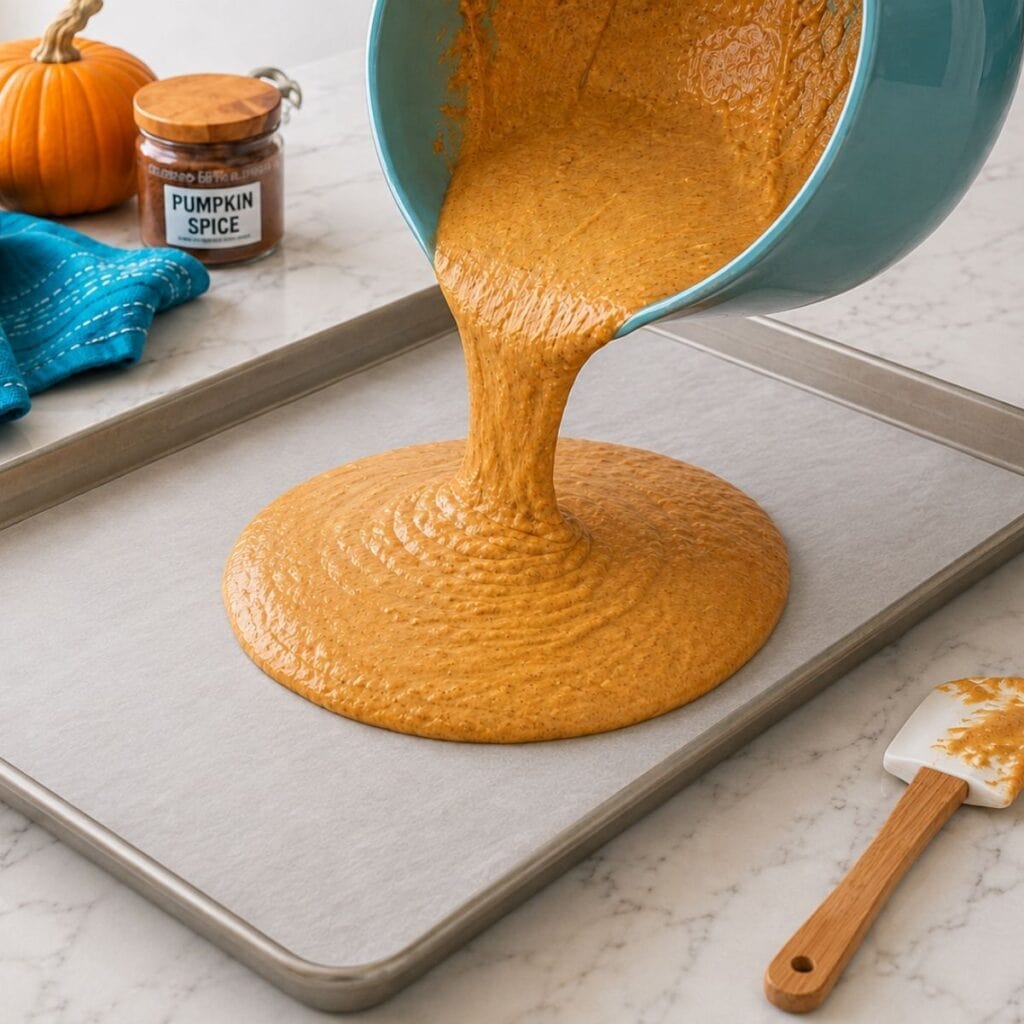 Pumpkin batter for Sheet Pan Pancakes with Pancake Mix is poured from a blue bowl onto a parchment-lined baking sheet. A spatula, pumpkin spice jar, towel, and small pumpkin are nearby on a marble countertop.
