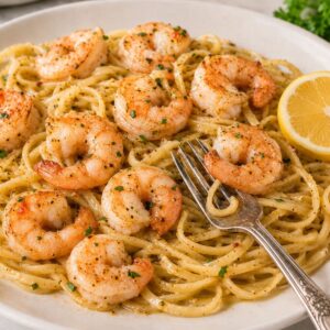 A plate of Cowboy Butter Shrimp scampi with spaghetti in a garlic butter sauce, garnished with parsley and black pepper, a lemon wedge on the side, and a fork resting on the noodles.