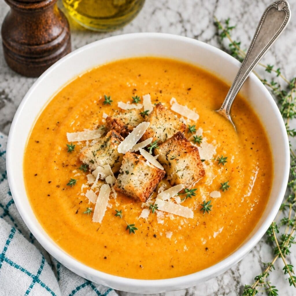 A bowl of creamy orange soup, reminiscent of a smooth Butternut Squash Pasta Sauce, is topped with croutons, shaved cheese, fresh herbs, and black pepper, with a spoon nestled inside. The bowl sits on a marble surface next to a striped towel.