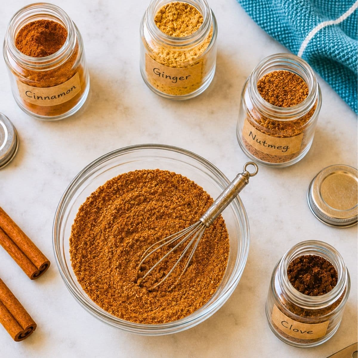 A bowl of mixed spices with a small whisk surrounded by jars labeled cinnamon, ginger, nutmeg, and clove, plus two cinnamon sticks, on a white surface.