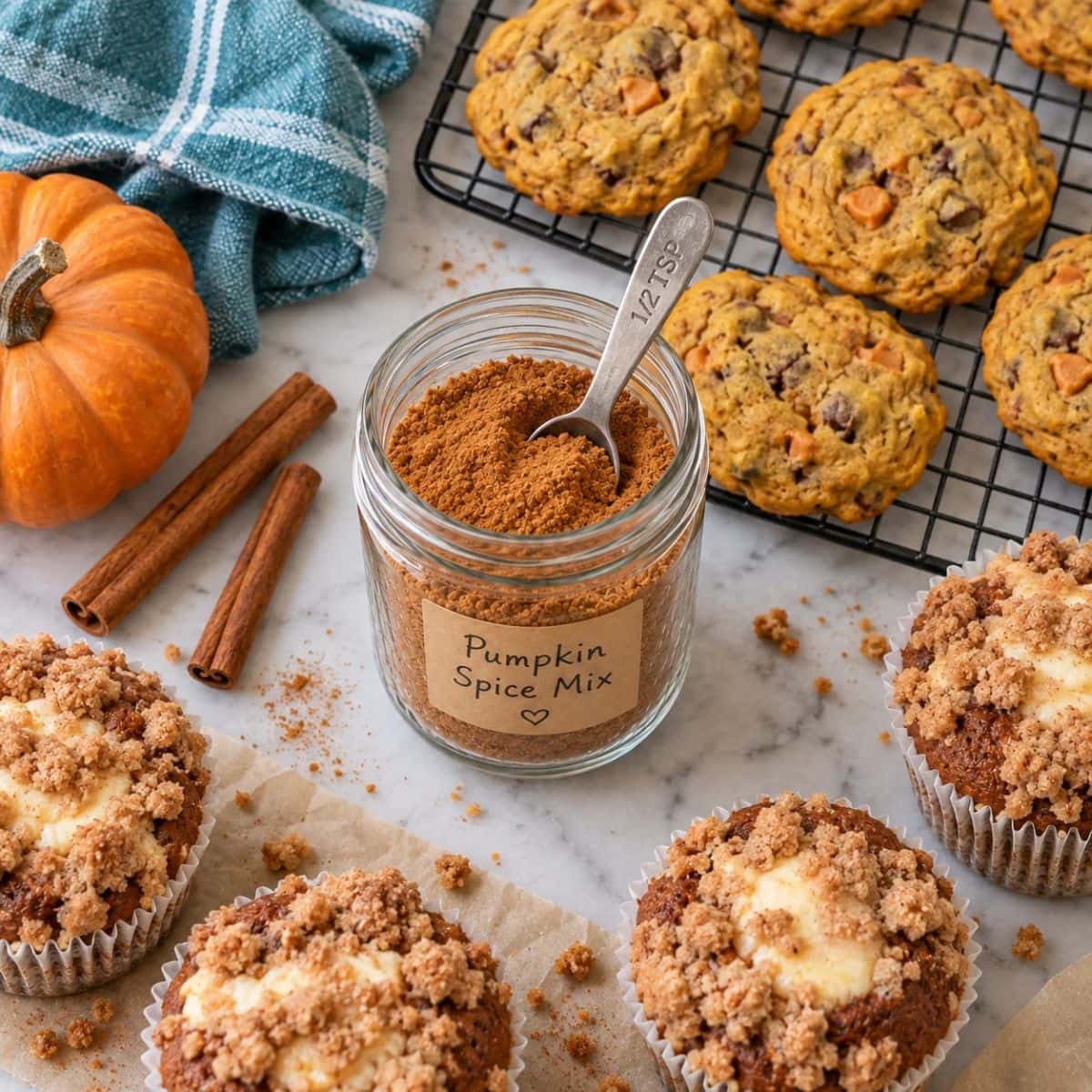 A jar labeled Pumpkin Spice Mix with a measuring spoon sits among pumpkin spice mix muffins, cookies, cinnamon sticks, a small pumpkin, and a blue towel on a kitchen counter.
