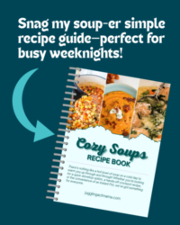 A hand holds a spiral-bound cookbook titled Cozy Soups Recipe Book with food photos on the cover. White text above reads, Snag my soup-er simple recipe guide—featuring 15 Minute Prep Recipes perfect for busy weeknights!.
