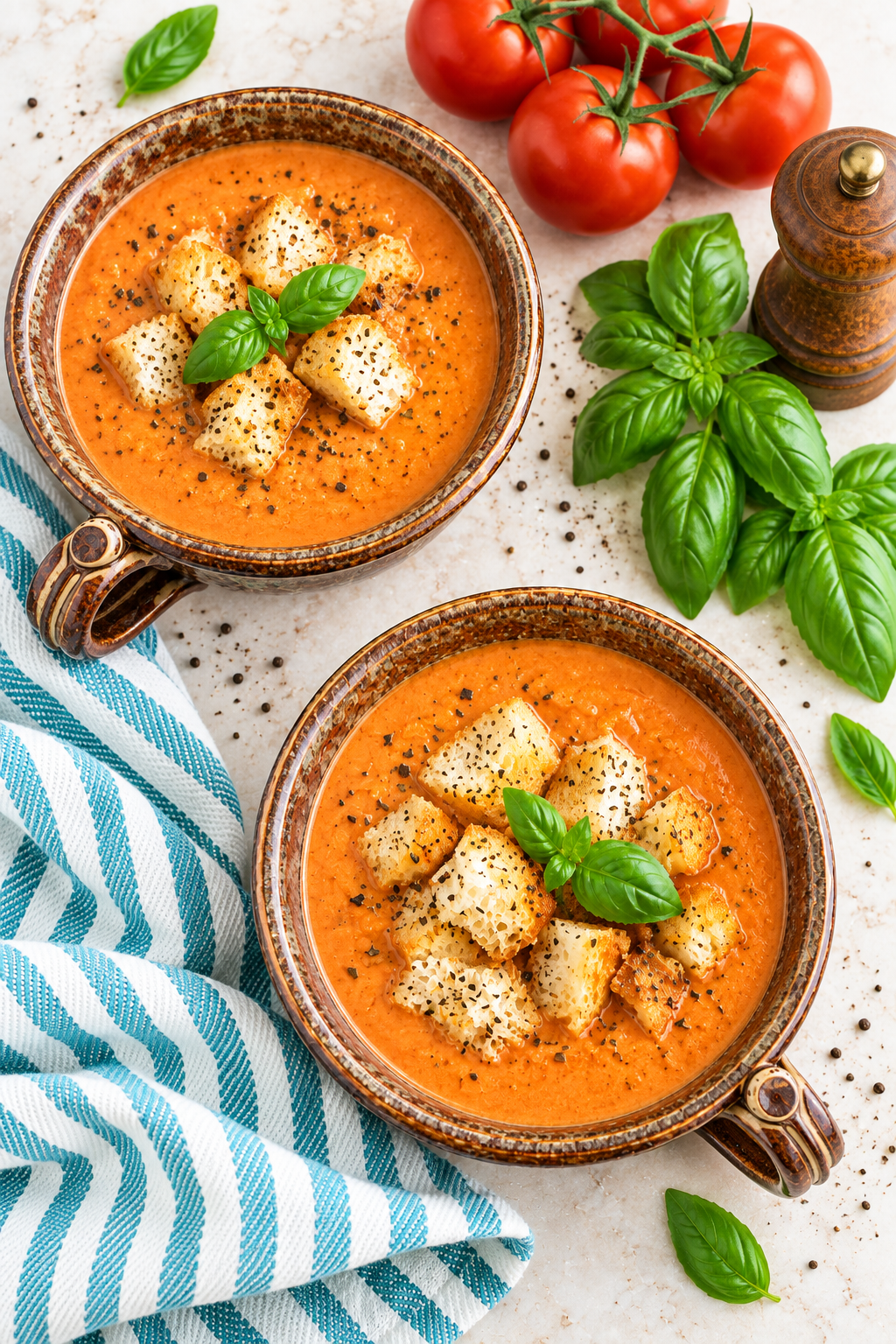 Two bowls of tomato soup topped with croutons and basil leaves, ready in just 15 minutes. Fresh tomatoes, basil, and a pepper grinder are nearby, with a blue striped towel on the side – perfect for quick and delicious 15 Minute Prep Recipes.