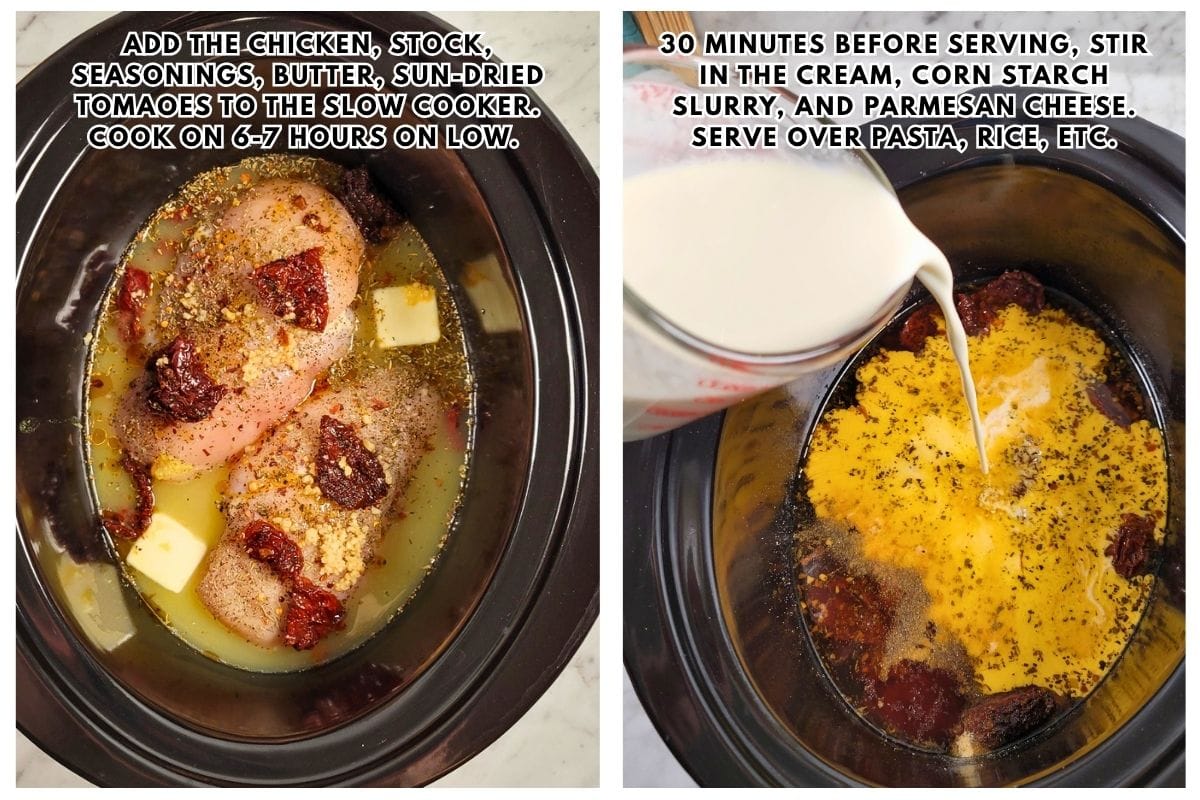 Two-panel image showing crockpot marry me chicken instructions: left shows seasoned chicken, butter, and sun-dried tomatoes in broth; right shows cream being poured into the slow cooker, with overlay text detailing the cooking steps.